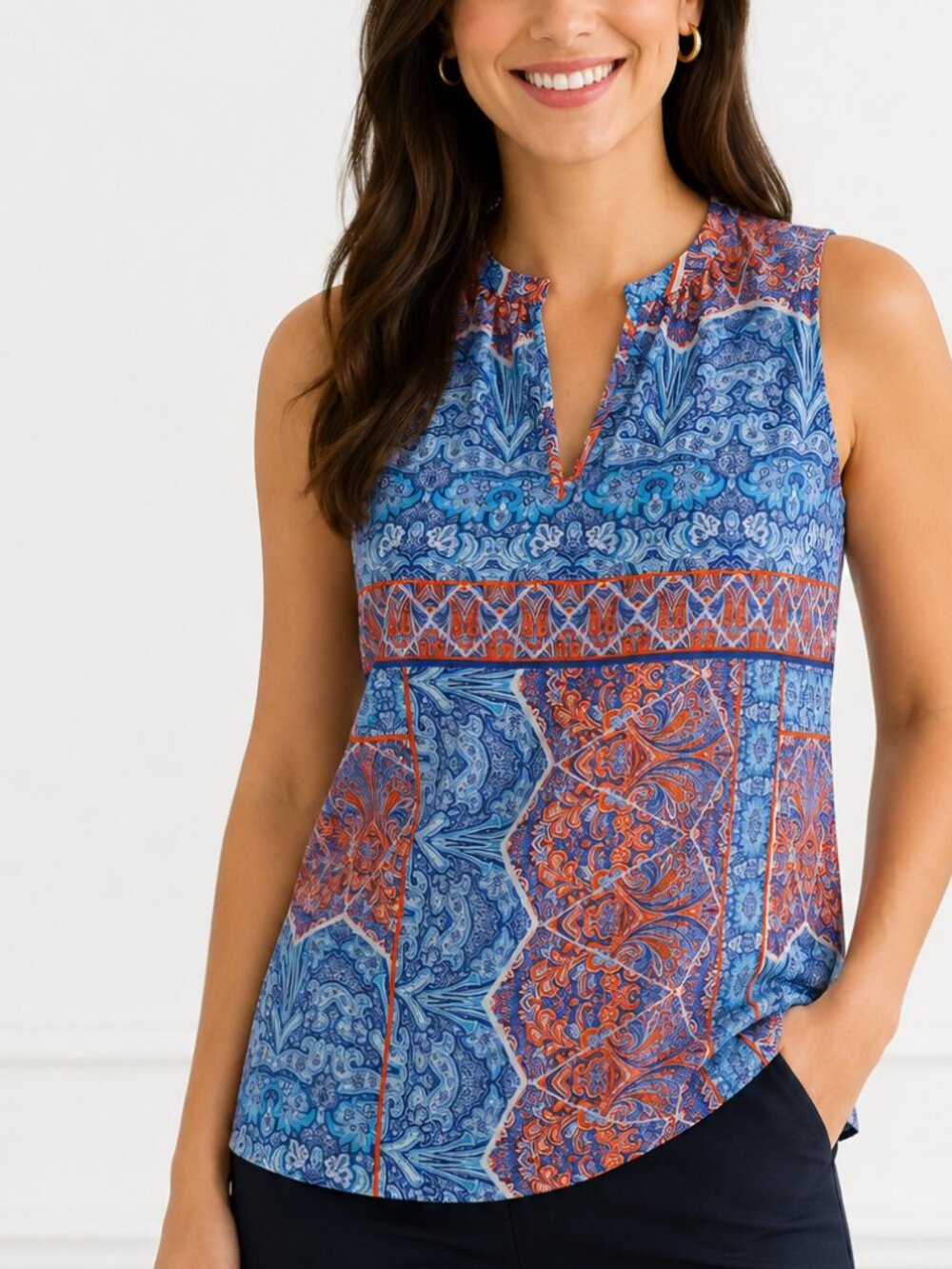 Lucy & Laurel Halter Top Blue Handkercheif Paisley Sleeveless Racer Back